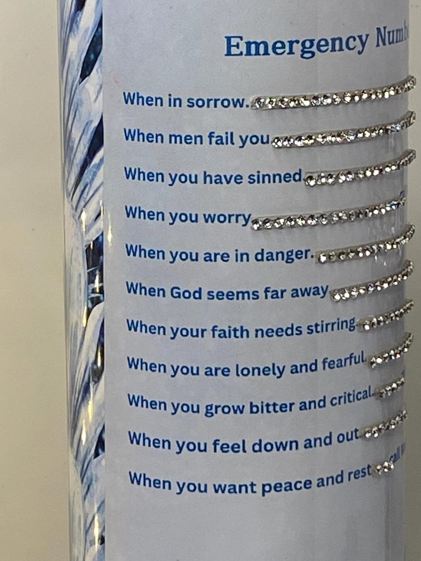 Faith Emergency Numbers Tumbler β Sparkle Blue Rhinestone Cup, Inspirational Gift for Women