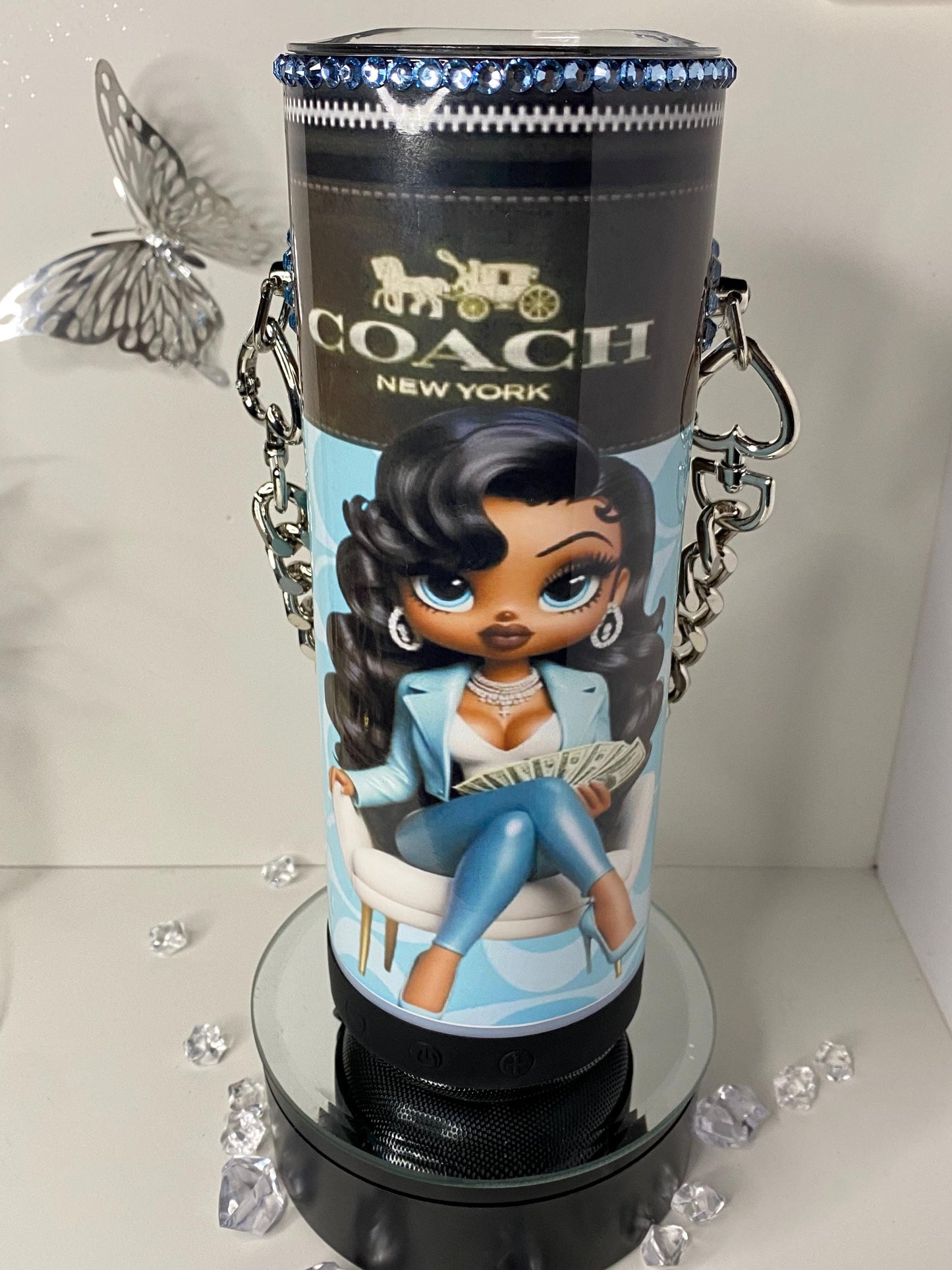 Betty Boop Designer Coach Bluetooth Tumbler Purse w/ Chain "Boss Babe Edition" Car Coaster/Refrigerator Magnet Option
