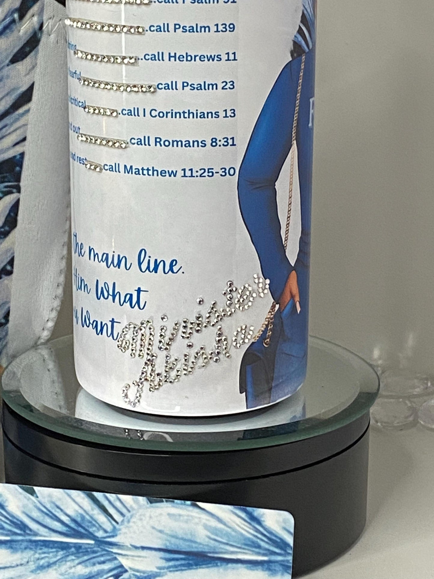 Faith Emergency Numbers Tumbler β Sparkle Blue Rhinestone Cup, Inspirational Gift for Women