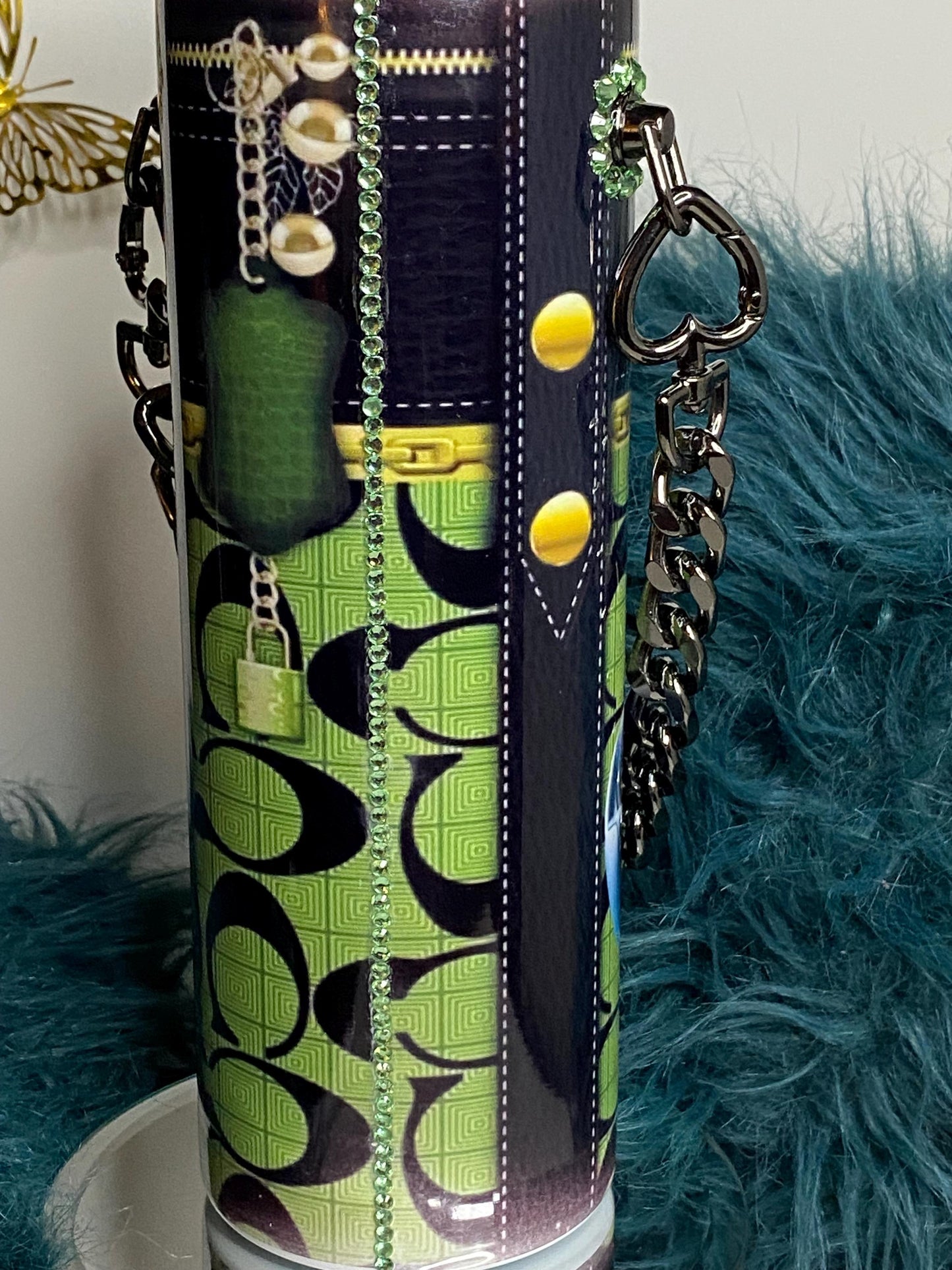 Betty Boop Designer Coach Tumbler Purse 20 oz w/ Detachable Link Chain in Green