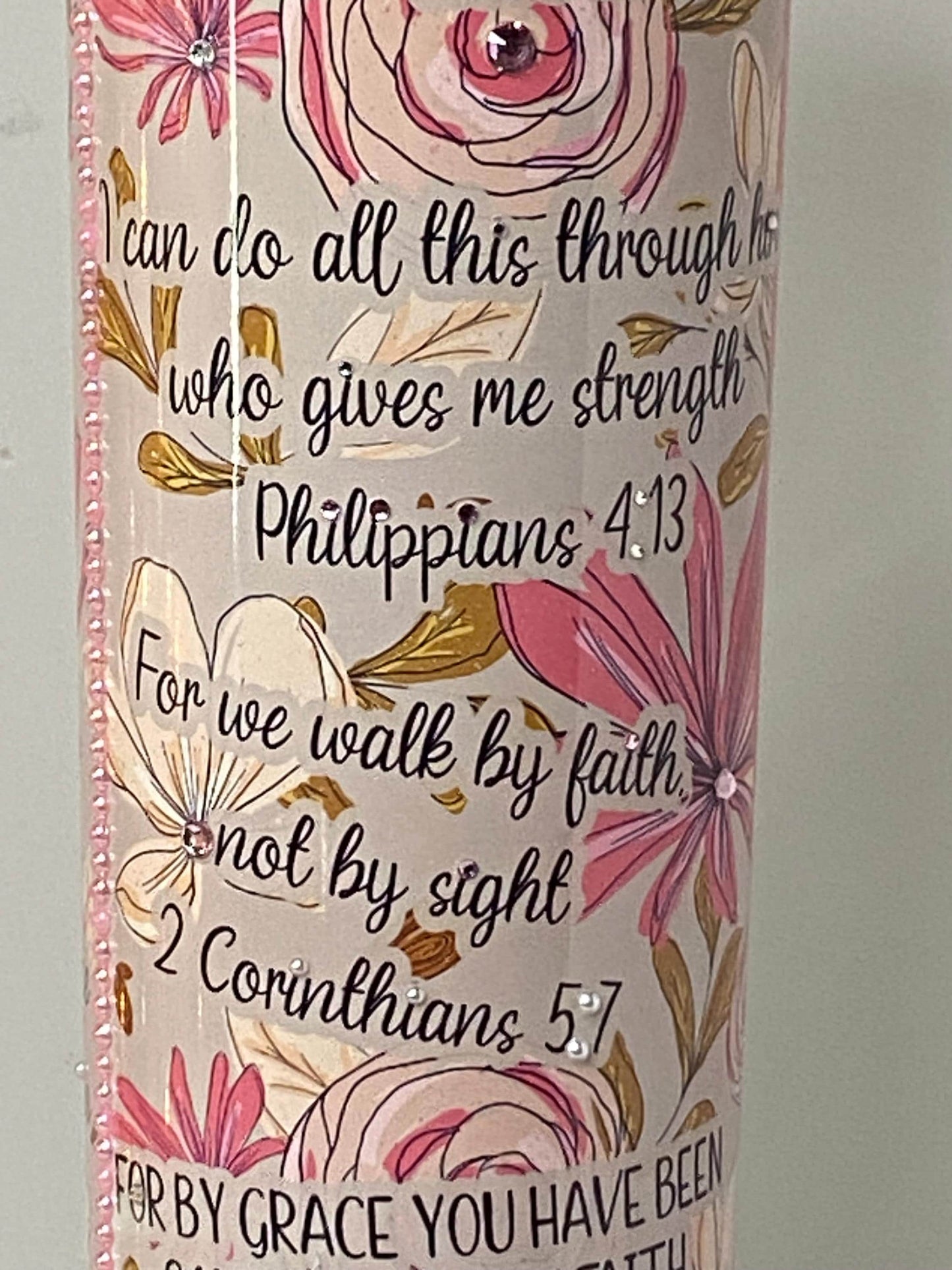 Floral Scripture Tumbler with Crystals | 20oz Inspirational Bible Verse Cup | Christian Gift 4 Her | Rhinestone Faith Tumbler Personalized