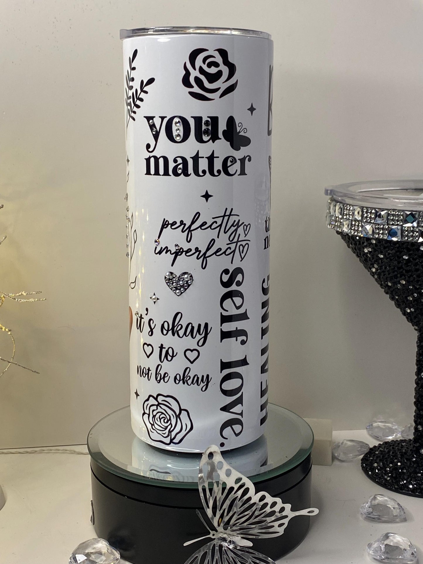 Personalized Self-Love Tumbler – Inspirational Healing Cup w/ Rhinestones | “Make Yourself a Priority” | Mental Health Gift