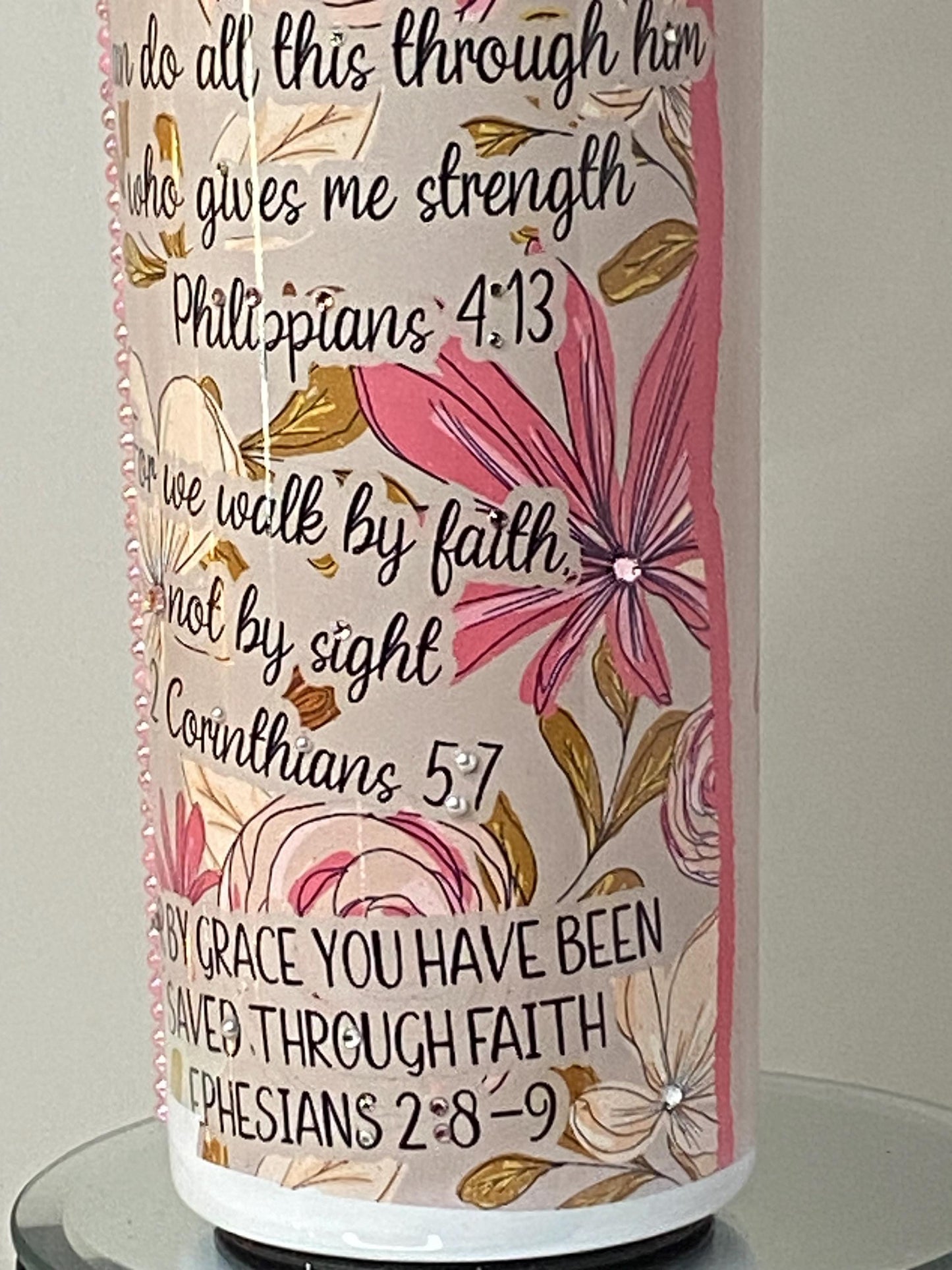 Floral Scripture Tumbler with Crystals | 20oz Inspirational Bible Verse Cup | Christian Gift 4 Her | Rhinestone Faith Tumbler Personalized