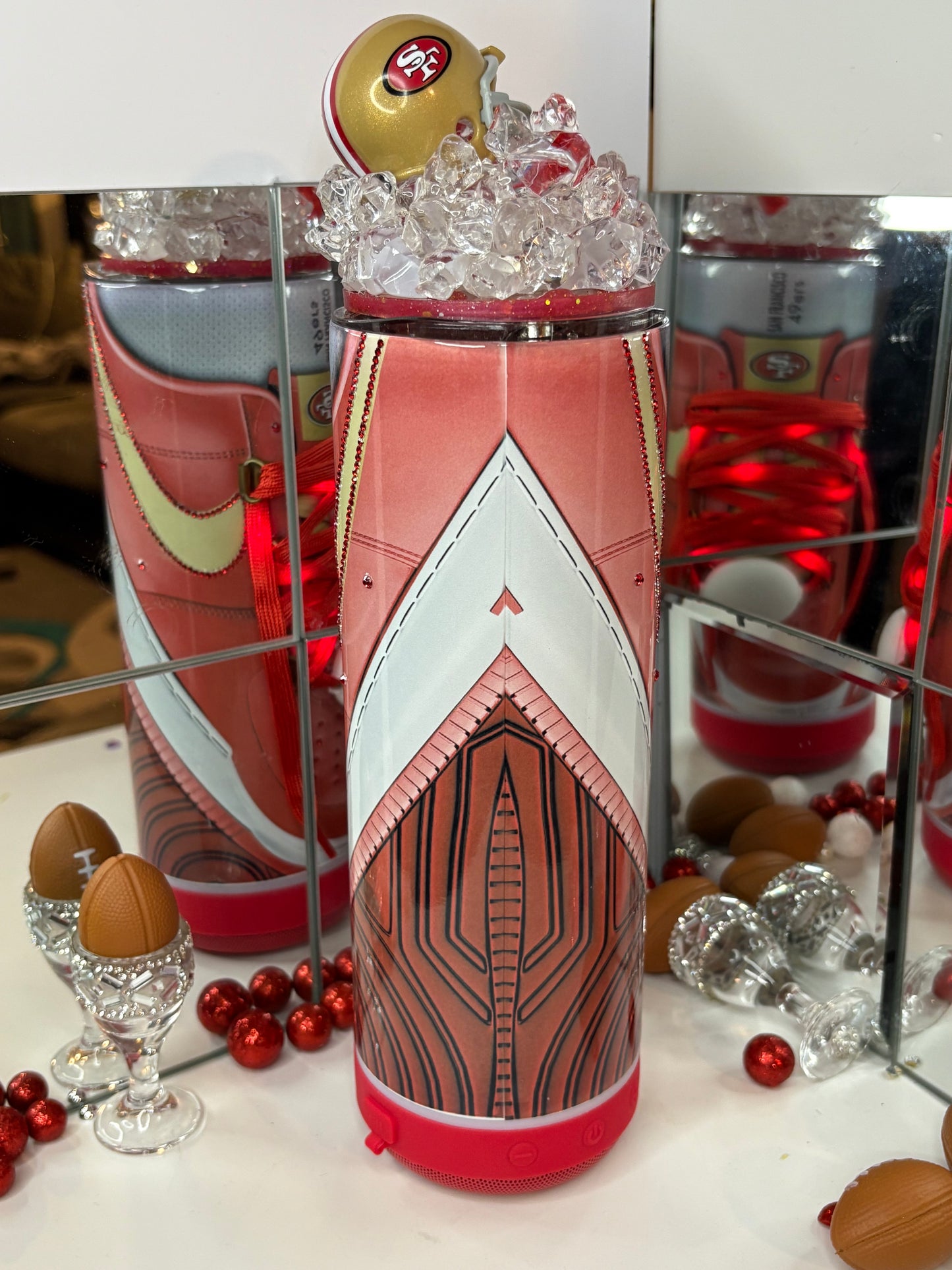 San Francisco 49ers Inspired 20oz Bluetooth Speaker Tumbler w/ Magnetic Mini Helmet Topper – Sneaker-Style Insulated Cup