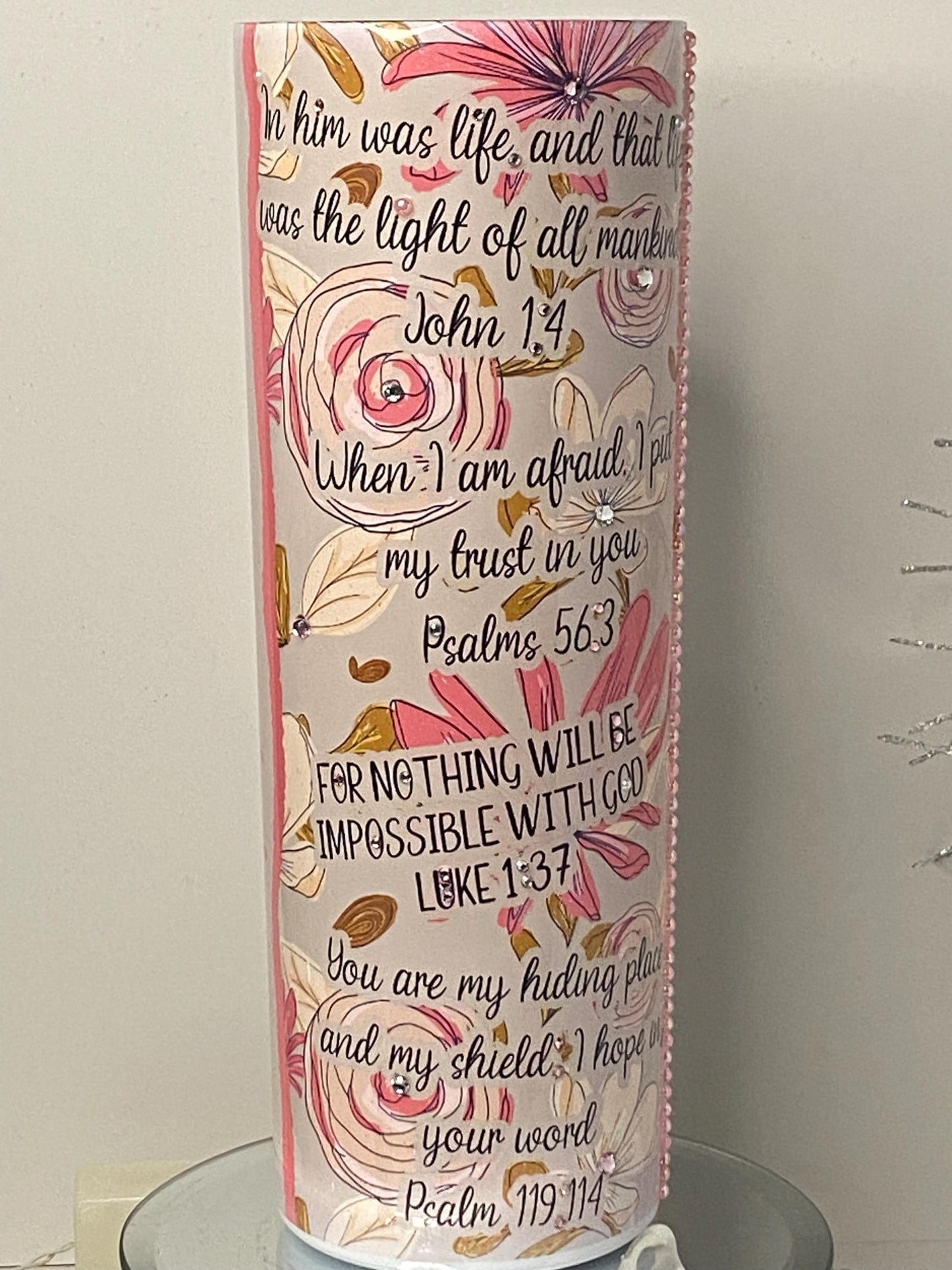 Floral Scripture Tumbler with Crystals | 20oz Inspirational Bible Verse Cup | Christian Gift 4 Her | Rhinestone Faith Tumbler Personalized
