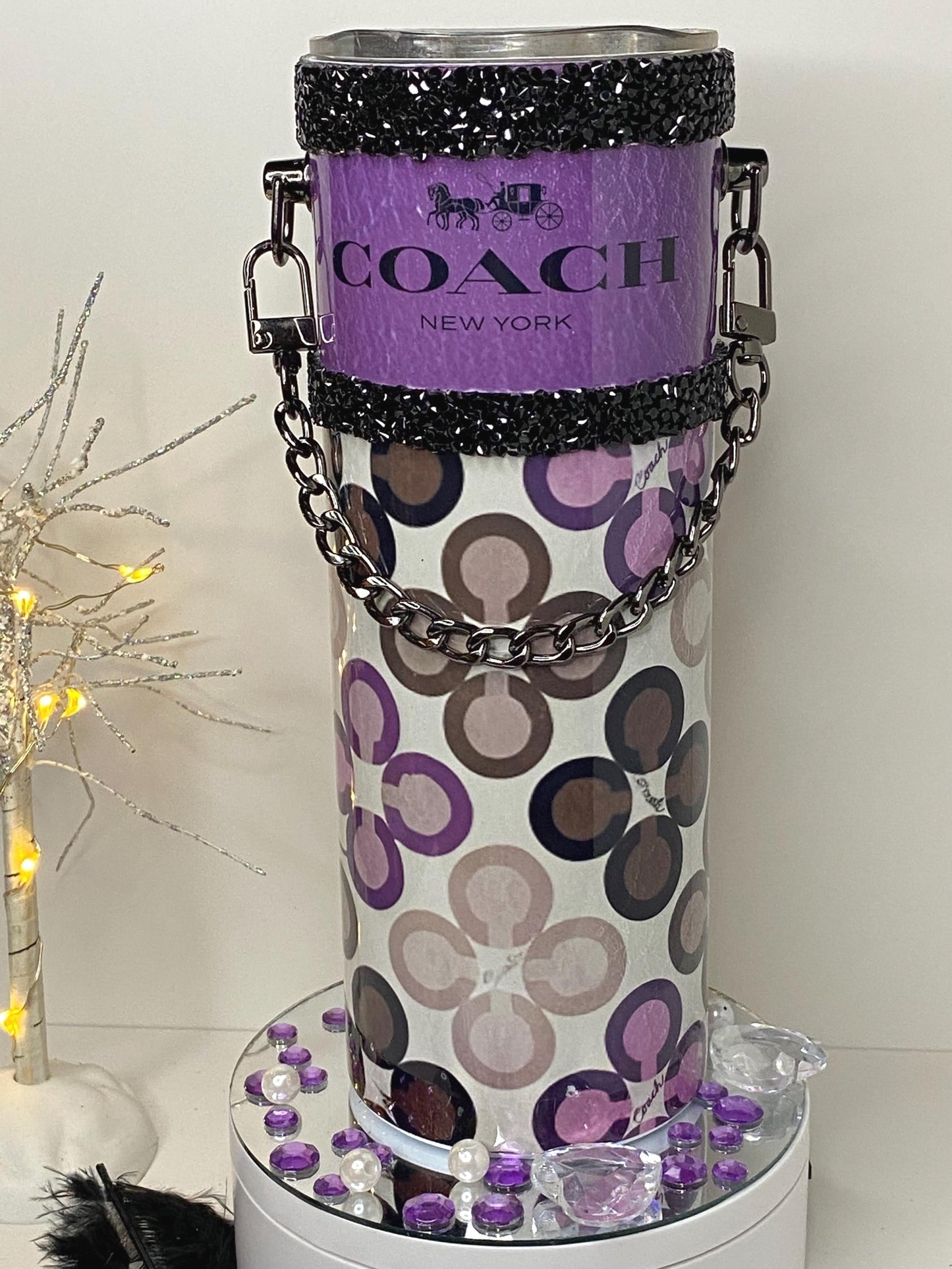 Designer Coach Tumbler Purse 20 oz w/ Detachable Link Chain W/ Ceramic Coaster Option