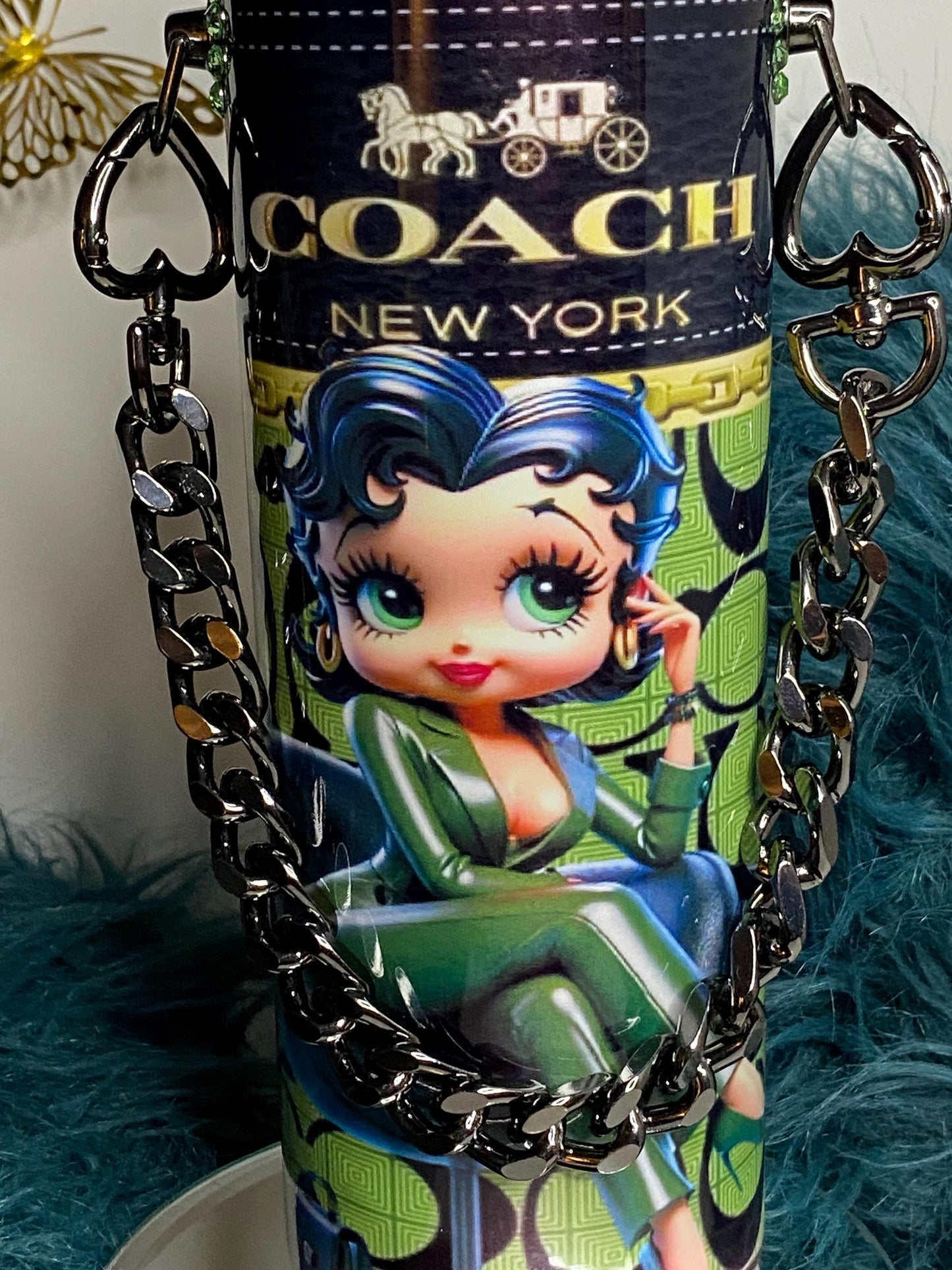 Betty Boop Designer Coach Tumbler Purse 20 oz w/ Detachable Link Chain in Green