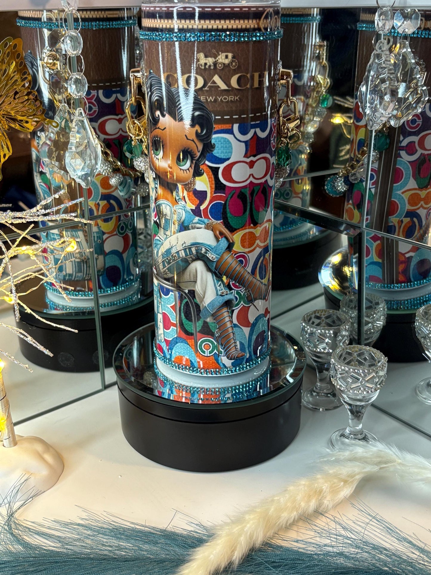 Betty Boop Denim Coach Tumbler Purse Jean Betty Boop 20 oz w/ Chain Denim Diva Style | Rhinestone Charm Cup