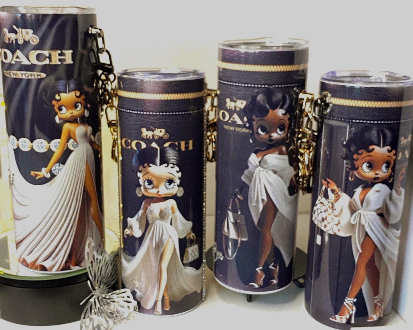 Luxury Fashion Tumbler – Betty Boop x COACH-Inspired Designer Cup w/ Detachable Link Chain