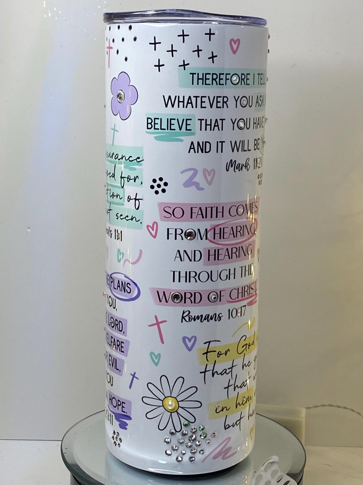 Bible Verse Tumbler Power of Faith Rhinestone Cup  Christian Scripture Gift Mark 1124, John 3:16 Romans 1017  20 oz Tumbler