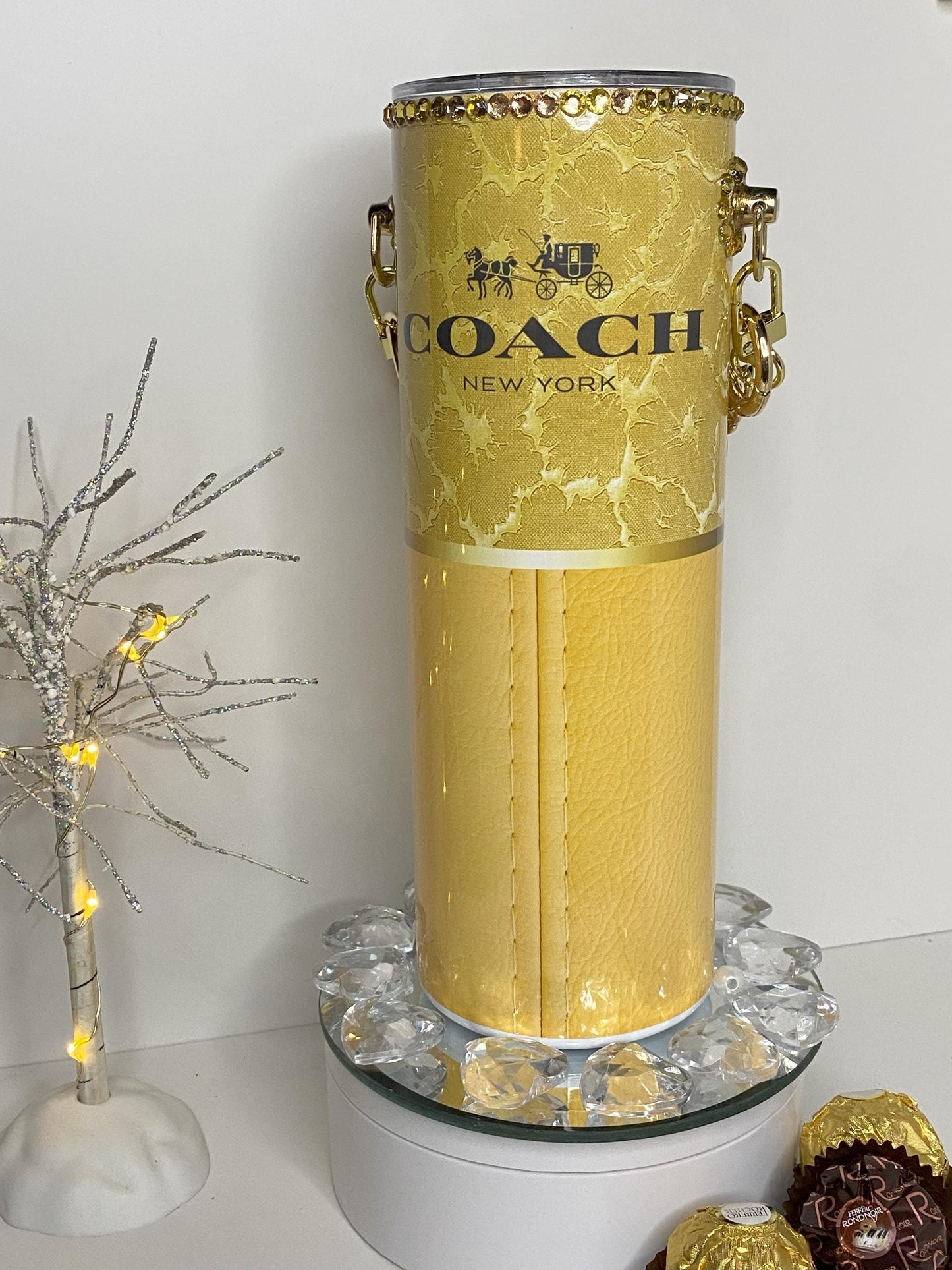 Designer Gold Coach Tumbler Purse 20 oz w/ Detachable Link Chain