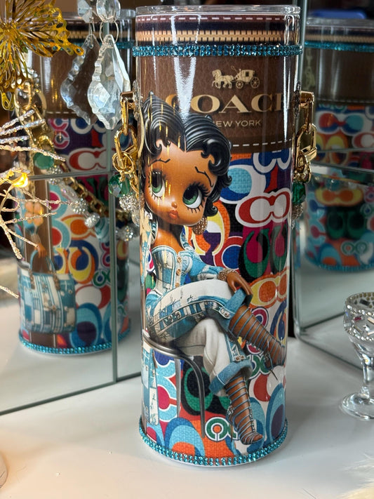 Betty Boop Denim Coach Tumbler Purse Jean Betty Boop 20 oz w/ Chain Denim Diva Style | Rhinestone Charm Cup