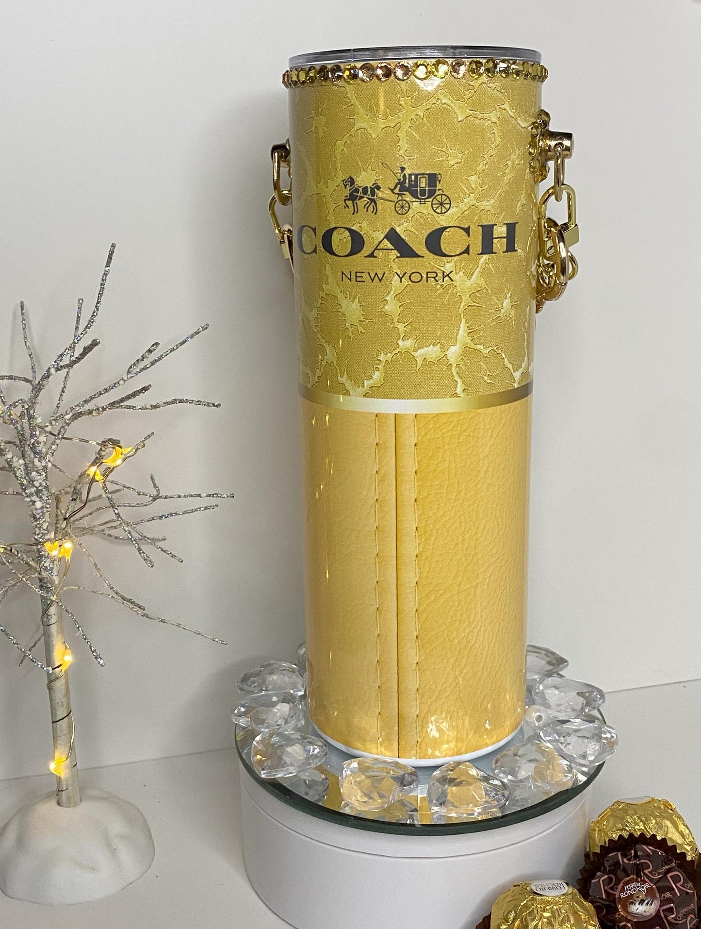 Designer Gold Coach Tumbler Purse 20 oz w/ Detachable Link Chain