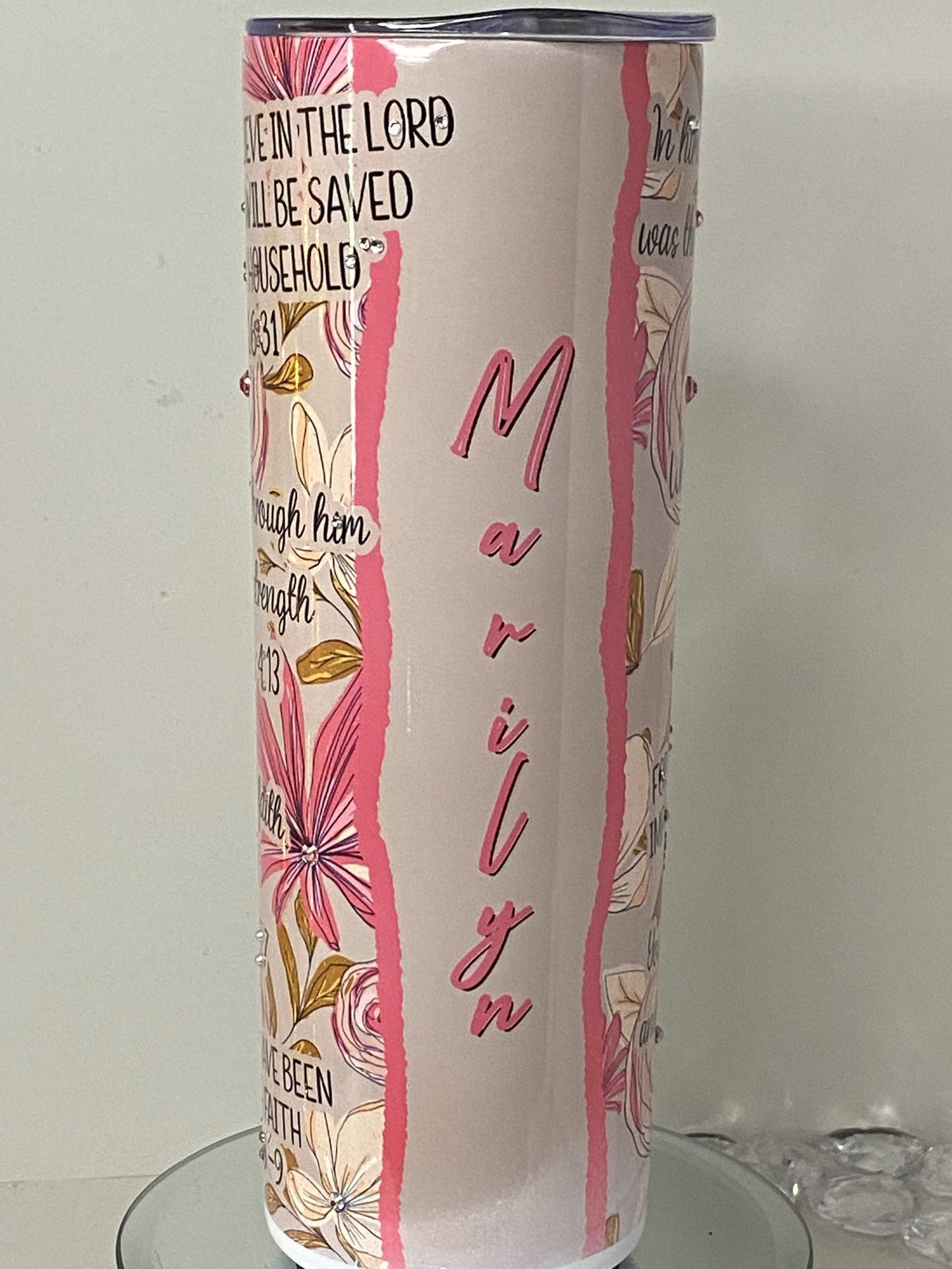 Floral Scripture Tumbler with Crystals | 20oz Inspirational Bible Verse Cup | Christian Gift 4 Her | Rhinestone Faith Tumbler Personalized