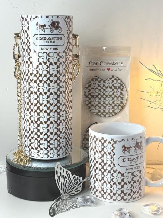Luxury Gift Set | Travel Tumbler, Coffee Mug & Car Coasters | Elegant Monogram Print | Fashion Accessory Set