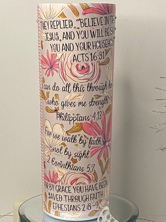 Floral Scripture Tumbler with Crystals | 20oz Inspirational Bible Verse Cup | Christian Gift 4 Her | Rhinestone Faith Tumbler Personalized