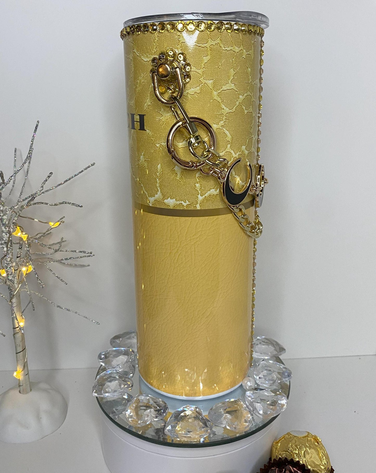 Designer Gold Coach Tumbler Purse 20 oz w/ Detachable Link Chain