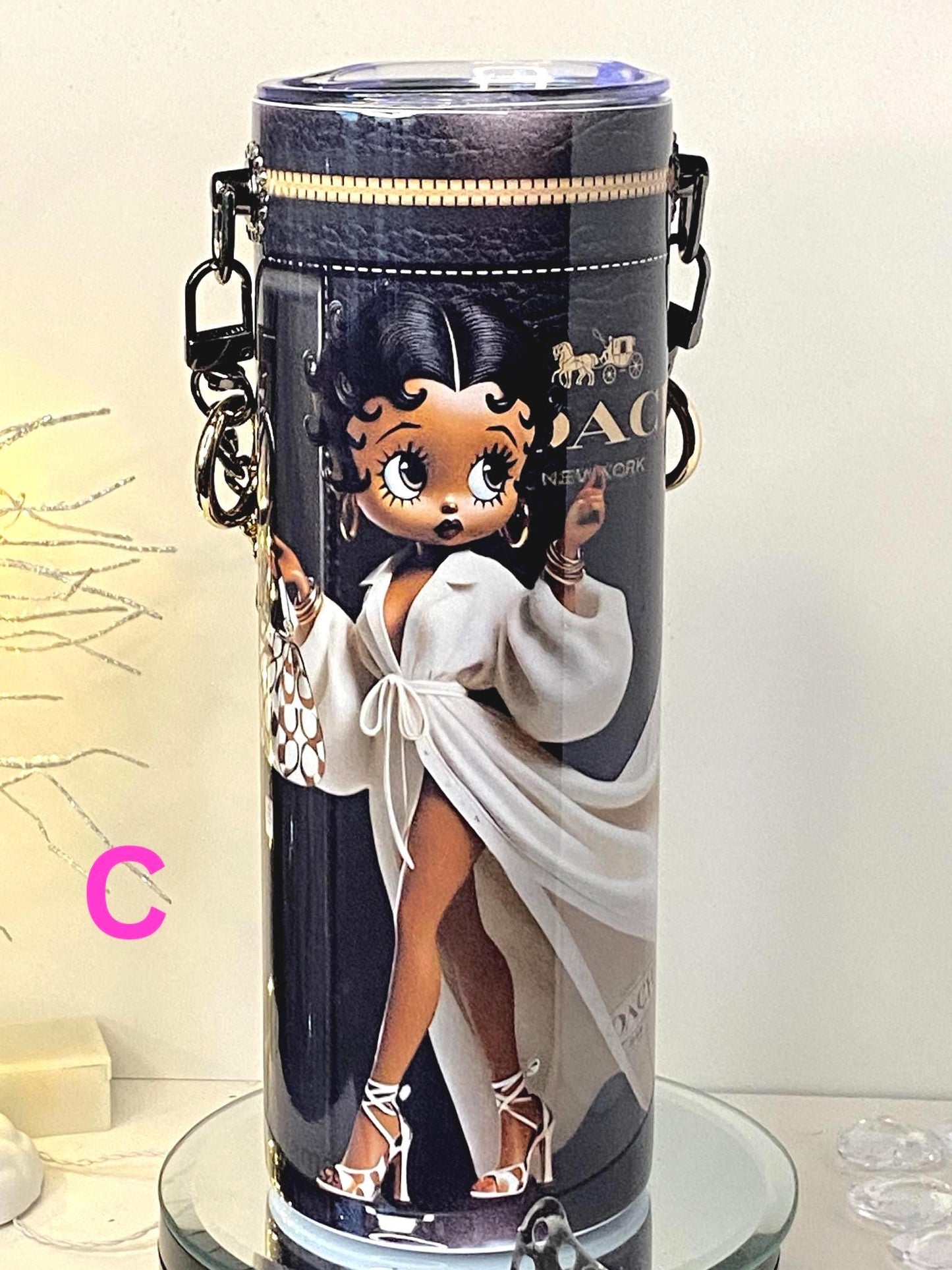 Luxury Fashion Tumbler – Betty Boop x COACH-Inspired Designer Cup  w/ Detachable Link Chain