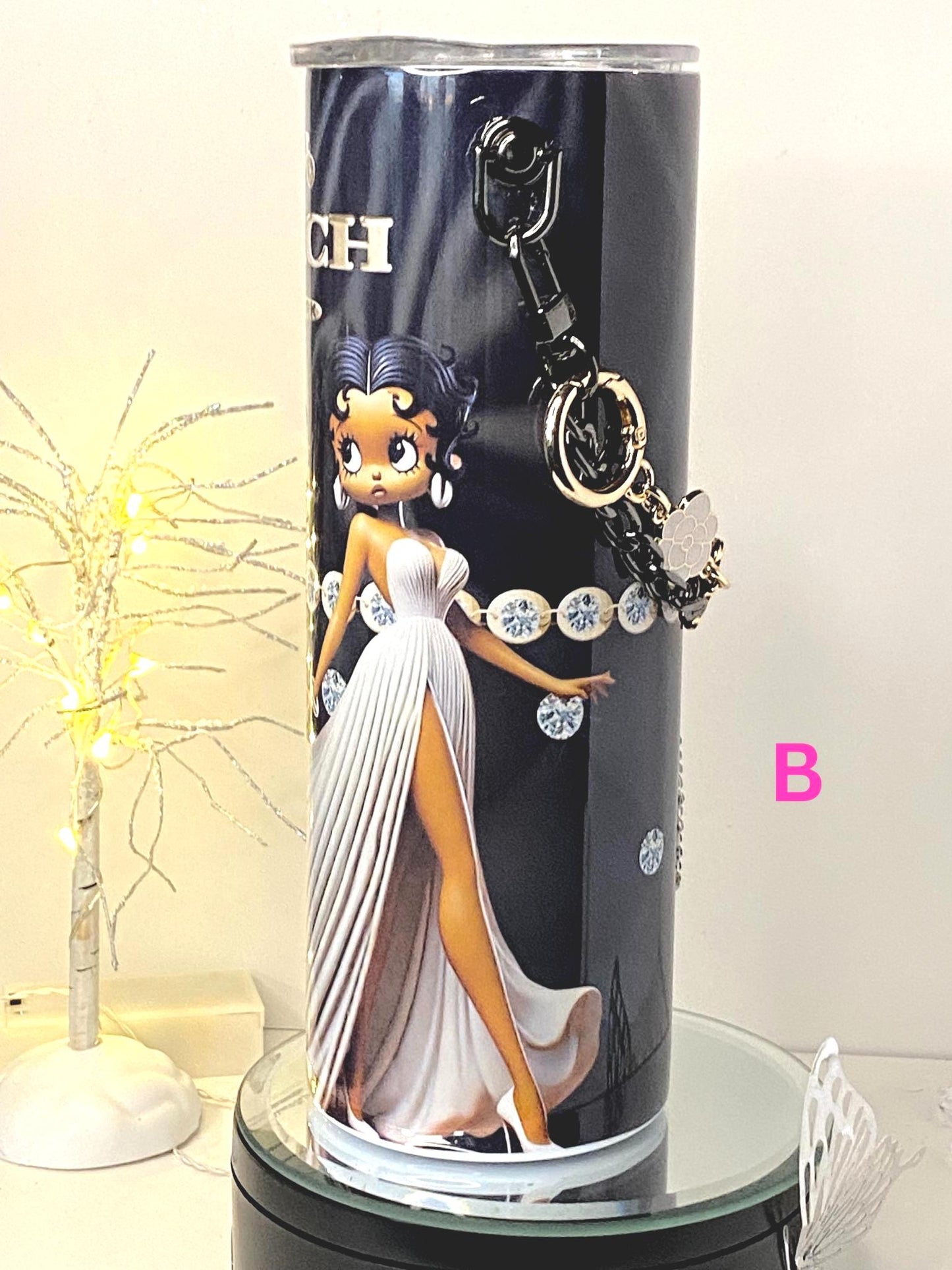 Luxury Fashion Tumbler – Betty Boop x COACH-Inspired Designer Cup  w/ Detachable Link Chain