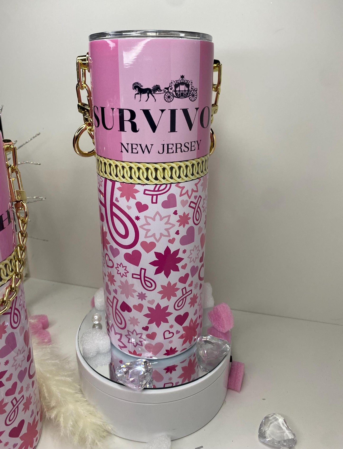 Breast Cancer Survivor Designer Coach Tumbler Purse 20 oz w/ Detachable Link Chain