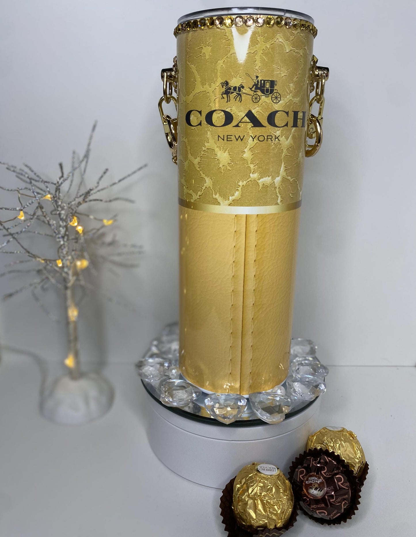 Designer Gold Coach Tumbler Purse 20 oz w/ Detachable Link Chain