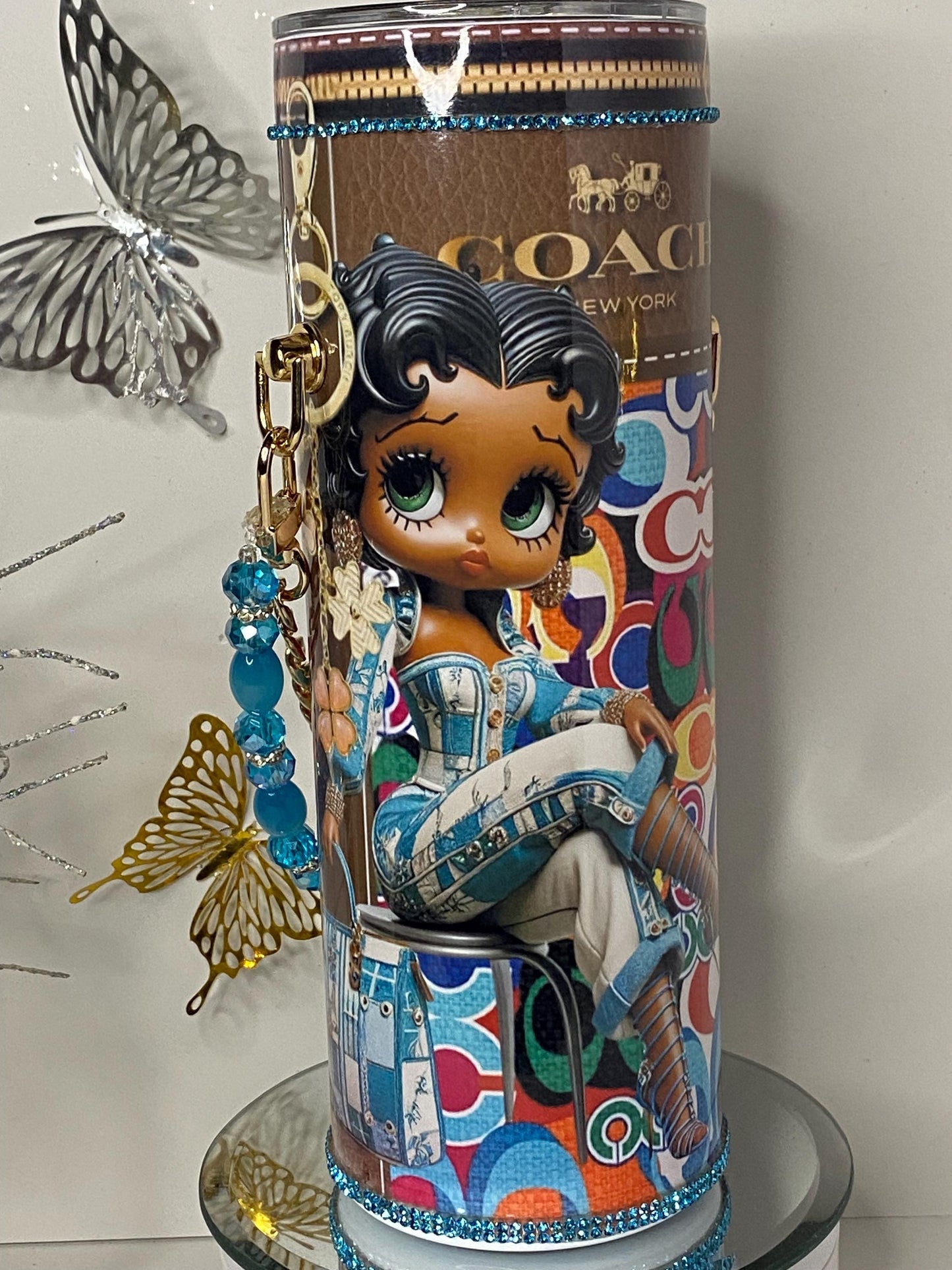 Betty Boop Denim Coach Tumbler Purse Jean Betty Boop 20 oz w/ Chain Denim Diva Style | Rhinestone Charm Cup
