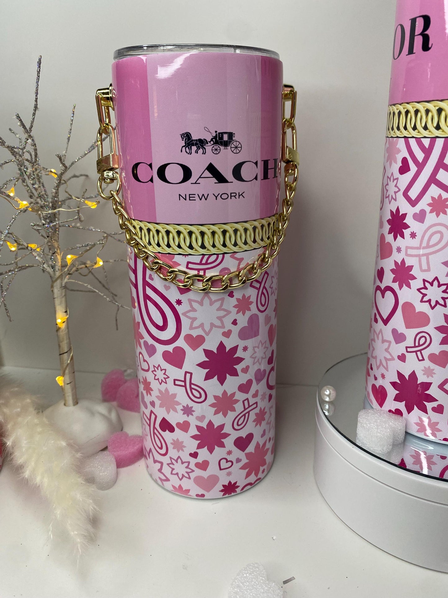 Breast Cancer Survivor Designer Coach Tumbler Purse 20 oz w/ Detachable Link Chain