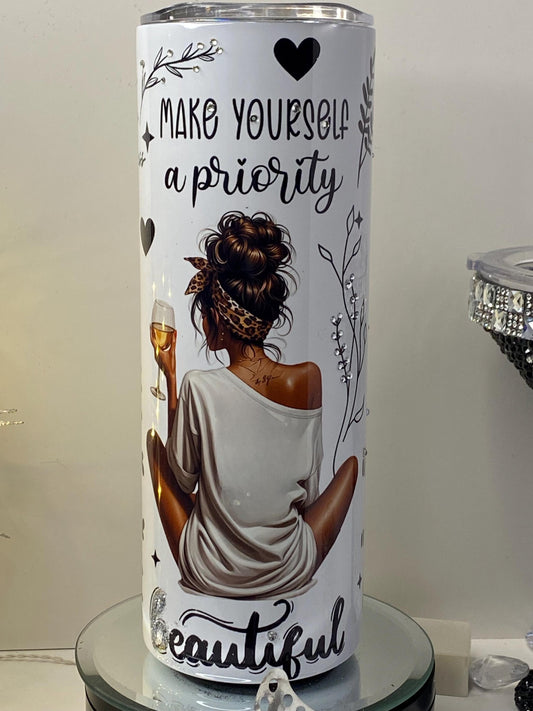 Personalized Self-Love Tumbler – Inspirational Healing Cup w/ Rhinestones | “Make Yourself a Priority” | Mental Health Gift