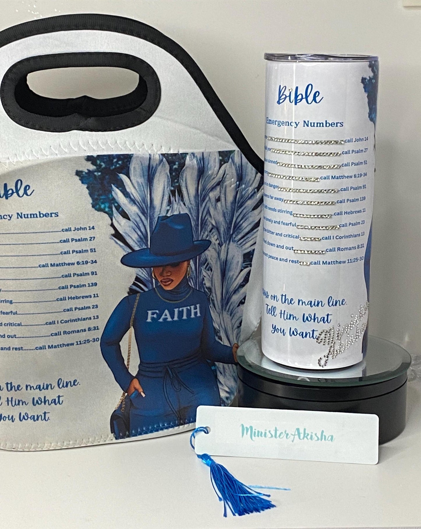 Faith Emergency Numbers Tumbler – Sparkle Blue Rhinestone Cup, Inspirational Gift for Women
