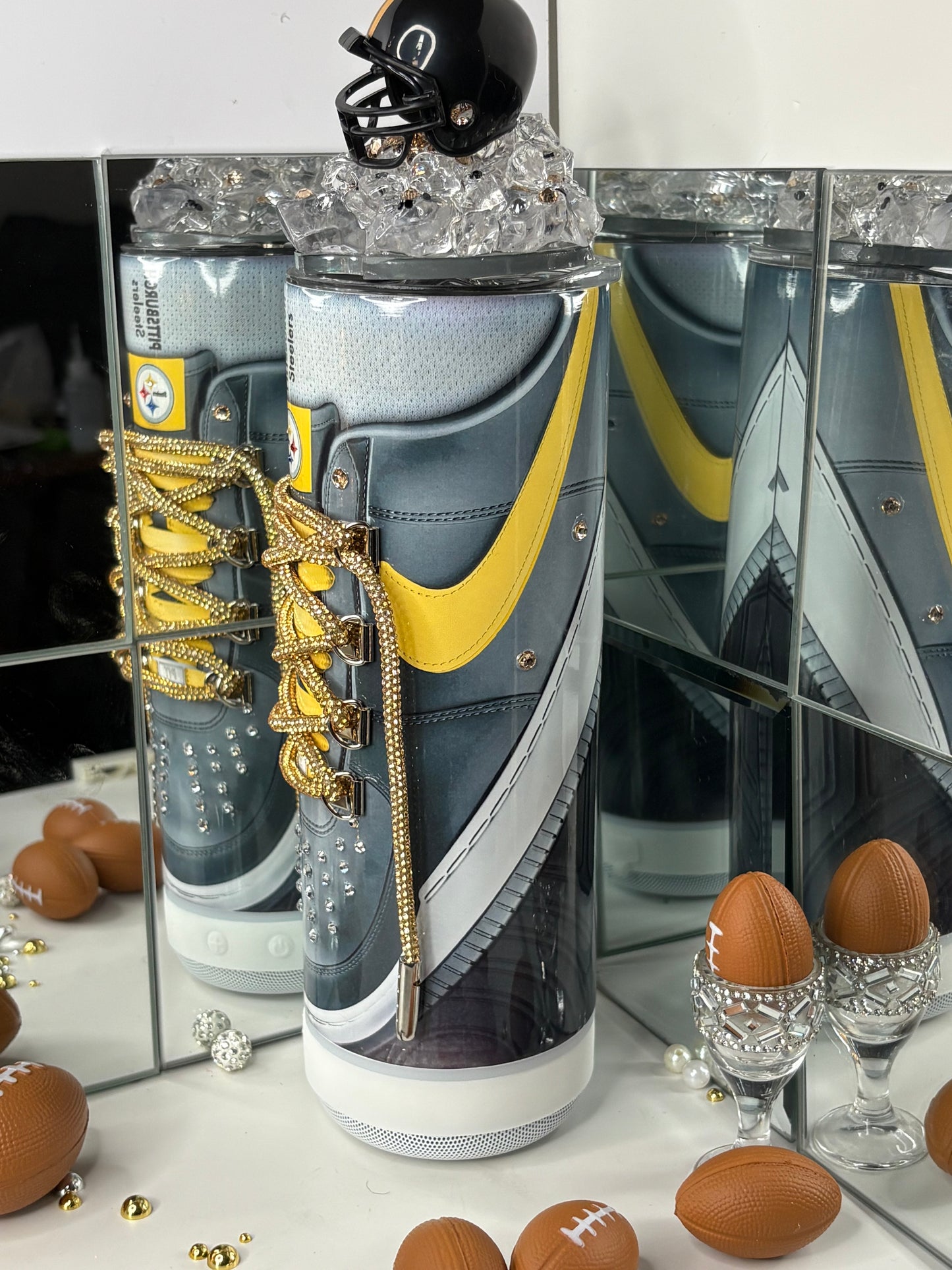 Pittsburgh Football Bluetooth Tumbler Cup w/ 3d Magnetic Helmet Topper Fan Gift for him or her