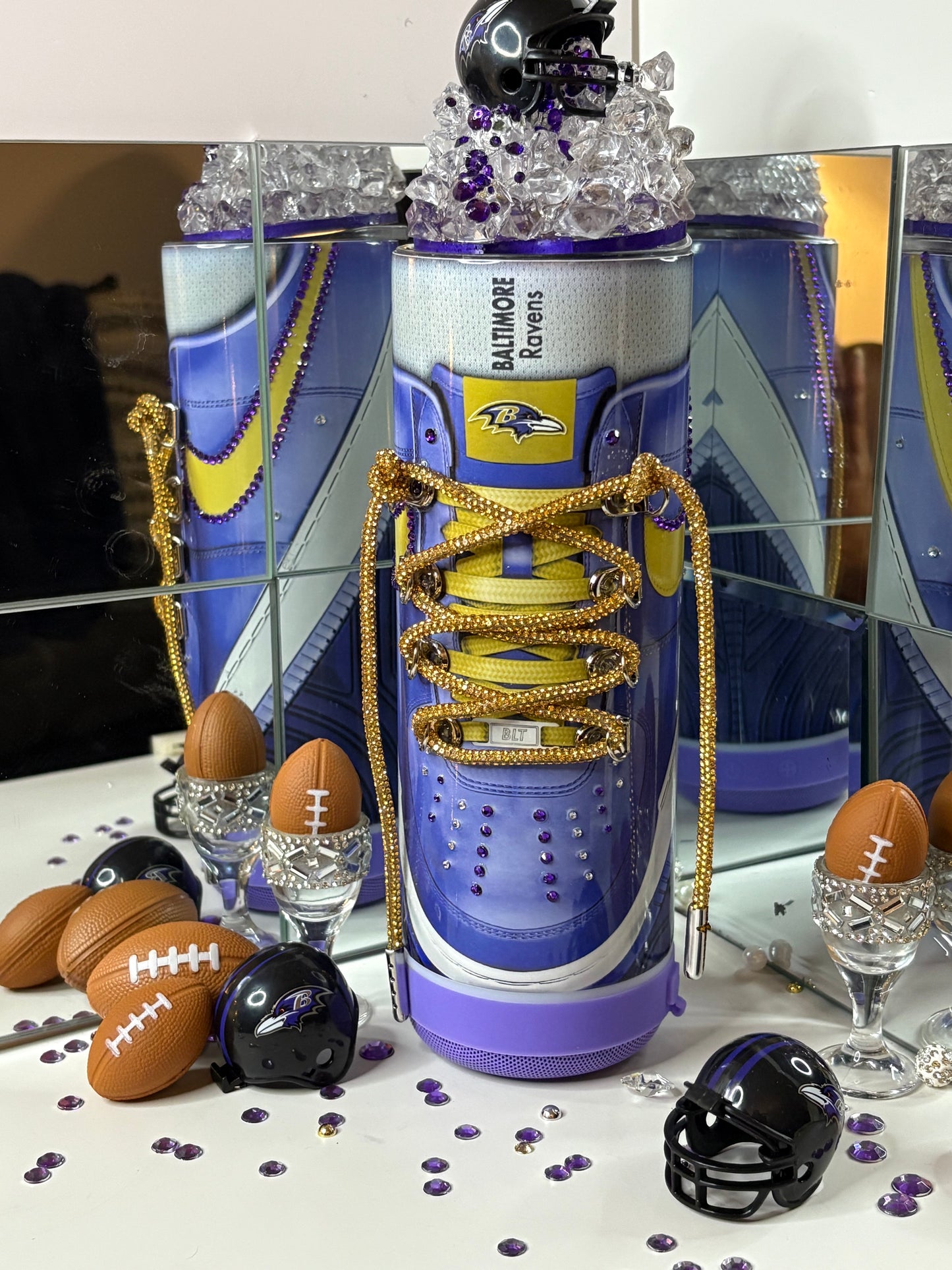 Baltimore Ravens Sneaker-Themed 3D Bluetooth Speaker Tumbler with Mini Helmet Topper – 20oz