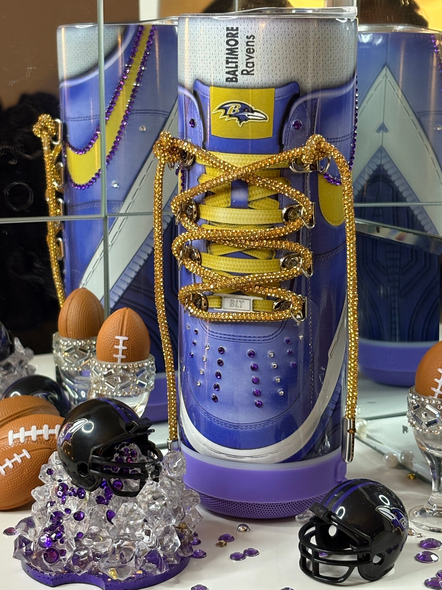 Baltimore Ravens Sneaker-Themed 3D Bluetooth Speaker Tumbler with Mini Helmet Topper – 20oz