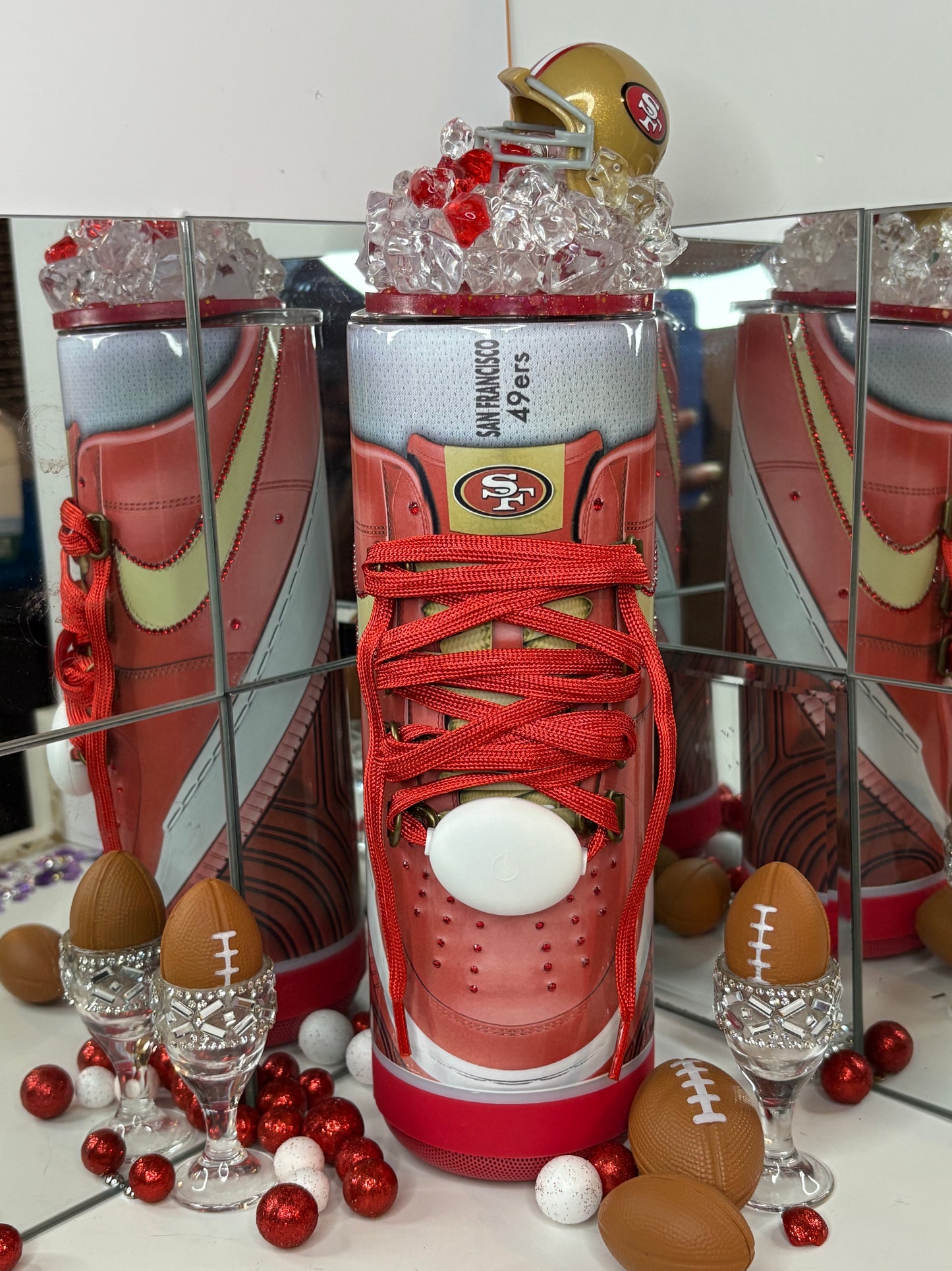 San Francisco 49ers Inspired 20oz Bluetooth Speaker Tumbler w/ Magnetic Mini Helmet Topper – Sneaker-Style Insulated Cup