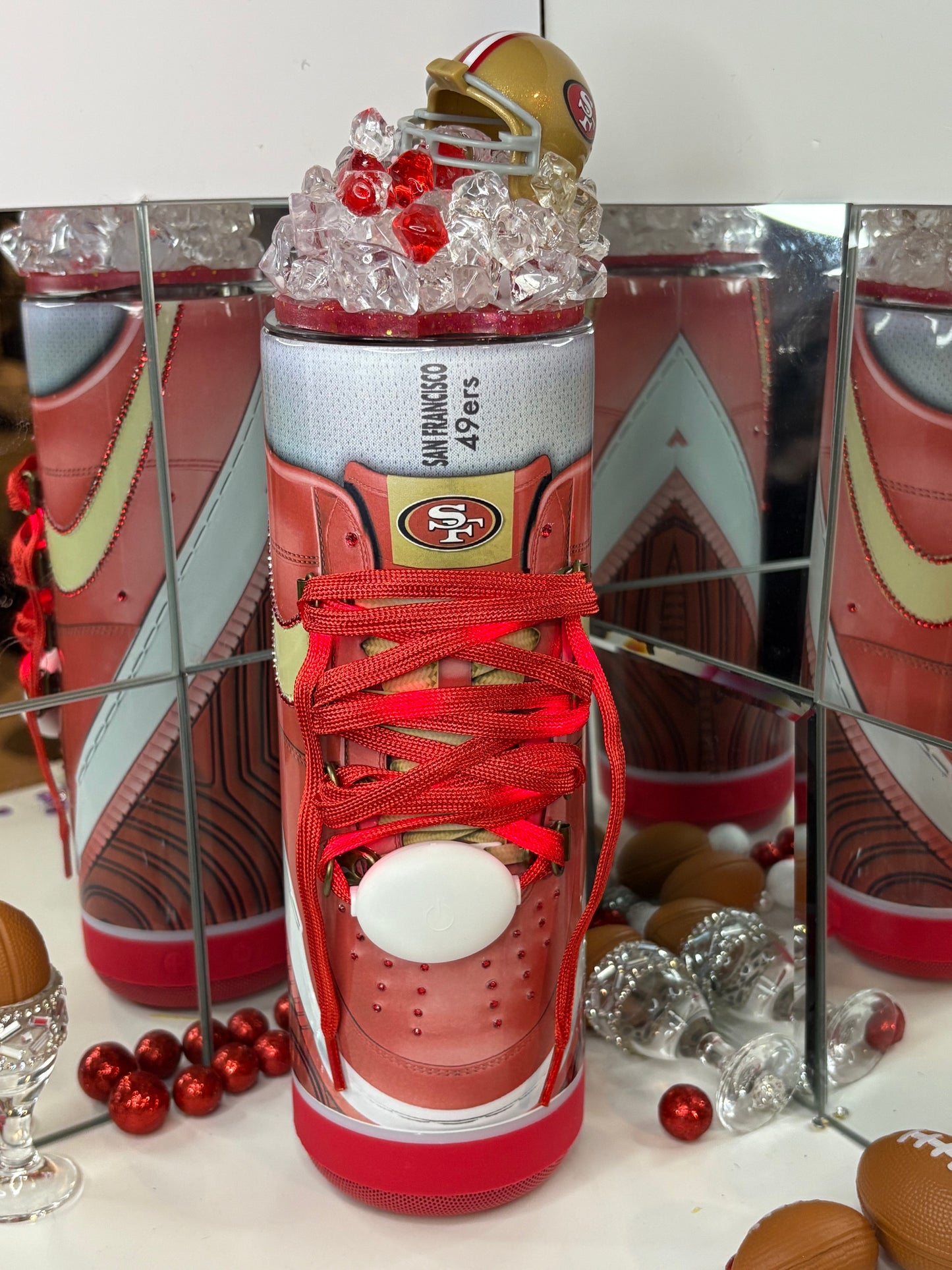 San Francisco 49ers Inspired 20oz Bluetooth Speaker Tumbler w/ Magnetic Mini Helmet Topper – Sneaker-Style Insulated Cup