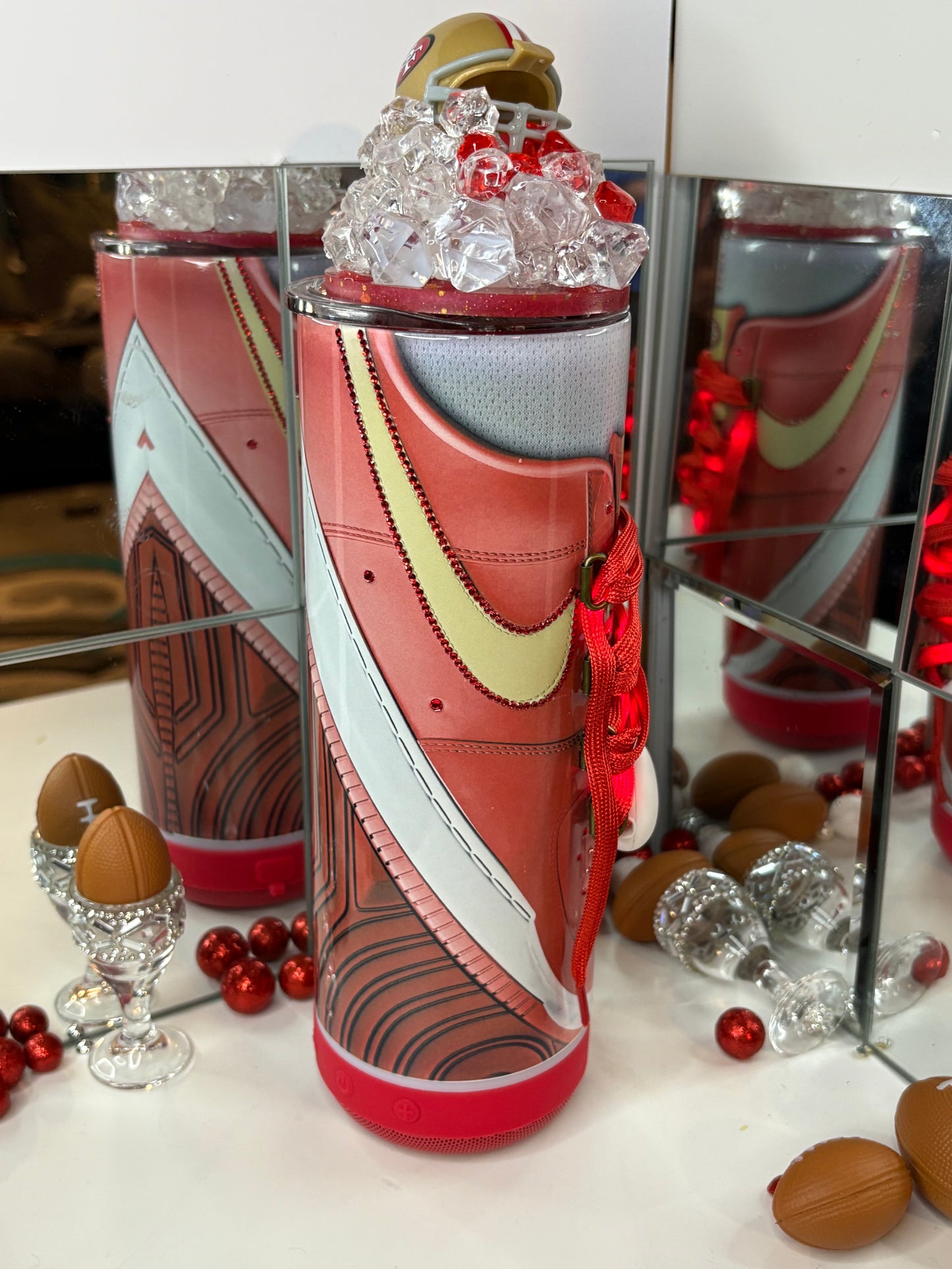 San Francisco 49ers Inspired 20oz Bluetooth Speaker Tumbler w/ Magnetic Mini Helmet Topper – Sneaker-Style Insulated Cup