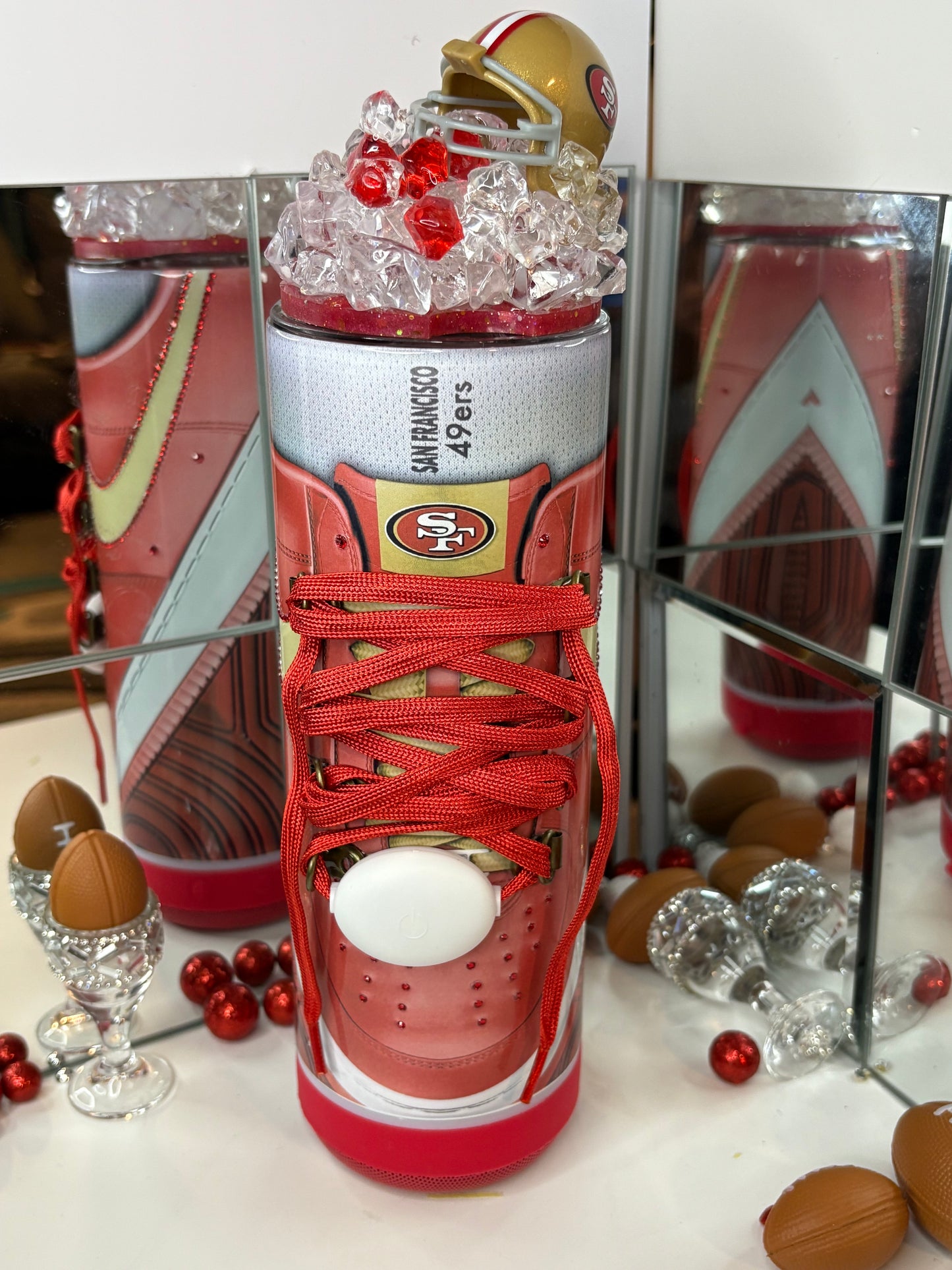 San Francisco 49ers Inspired 20oz Bluetooth Speaker Tumbler w/ Magnetic Mini Helmet Topper – Sneaker-Style Insulated Cup