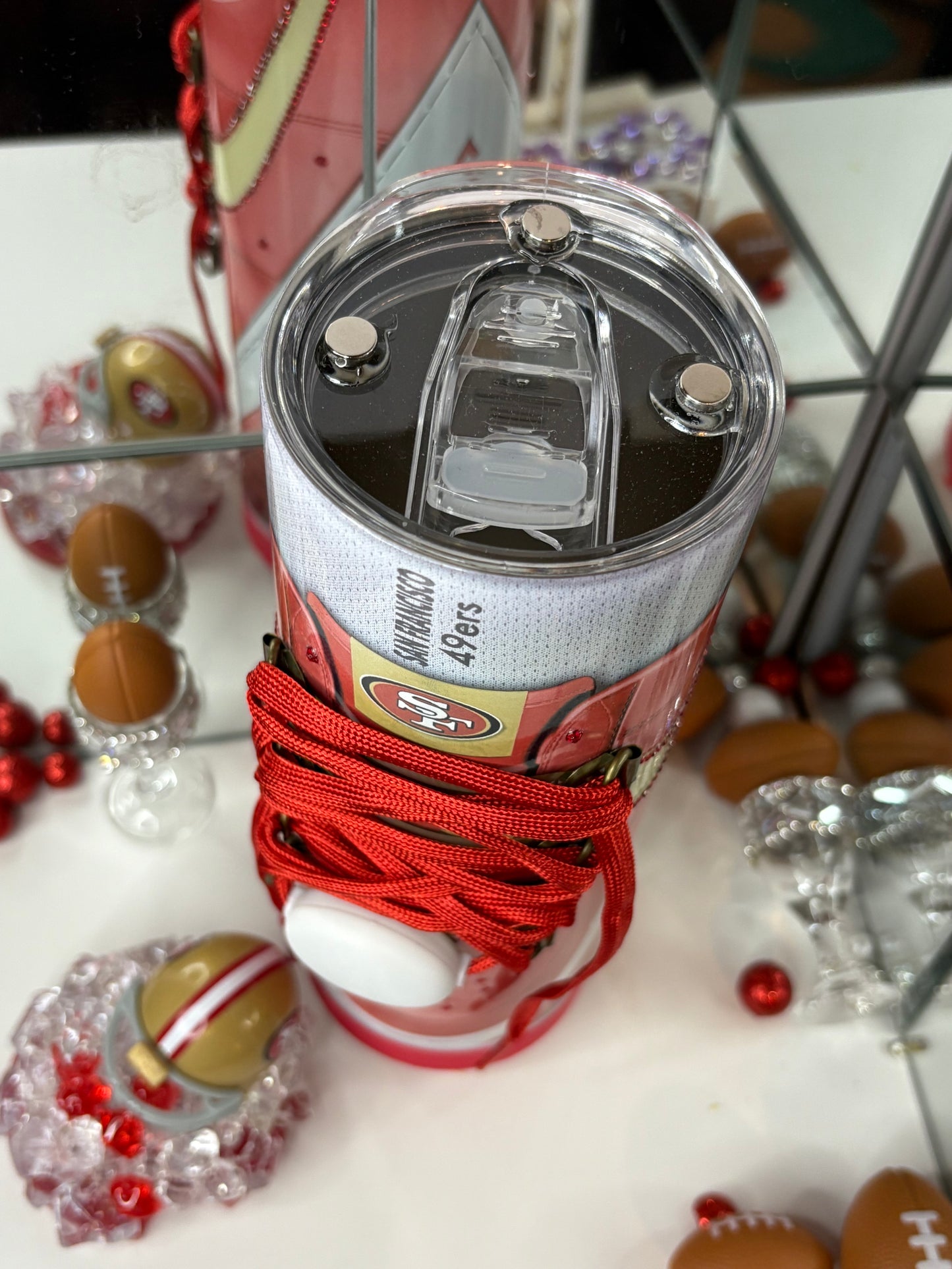 San Francisco 49ers Inspired 20oz Bluetooth Speaker Tumbler w/ Magnetic Mini Helmet Topper – Sneaker-Style Insulated Cup