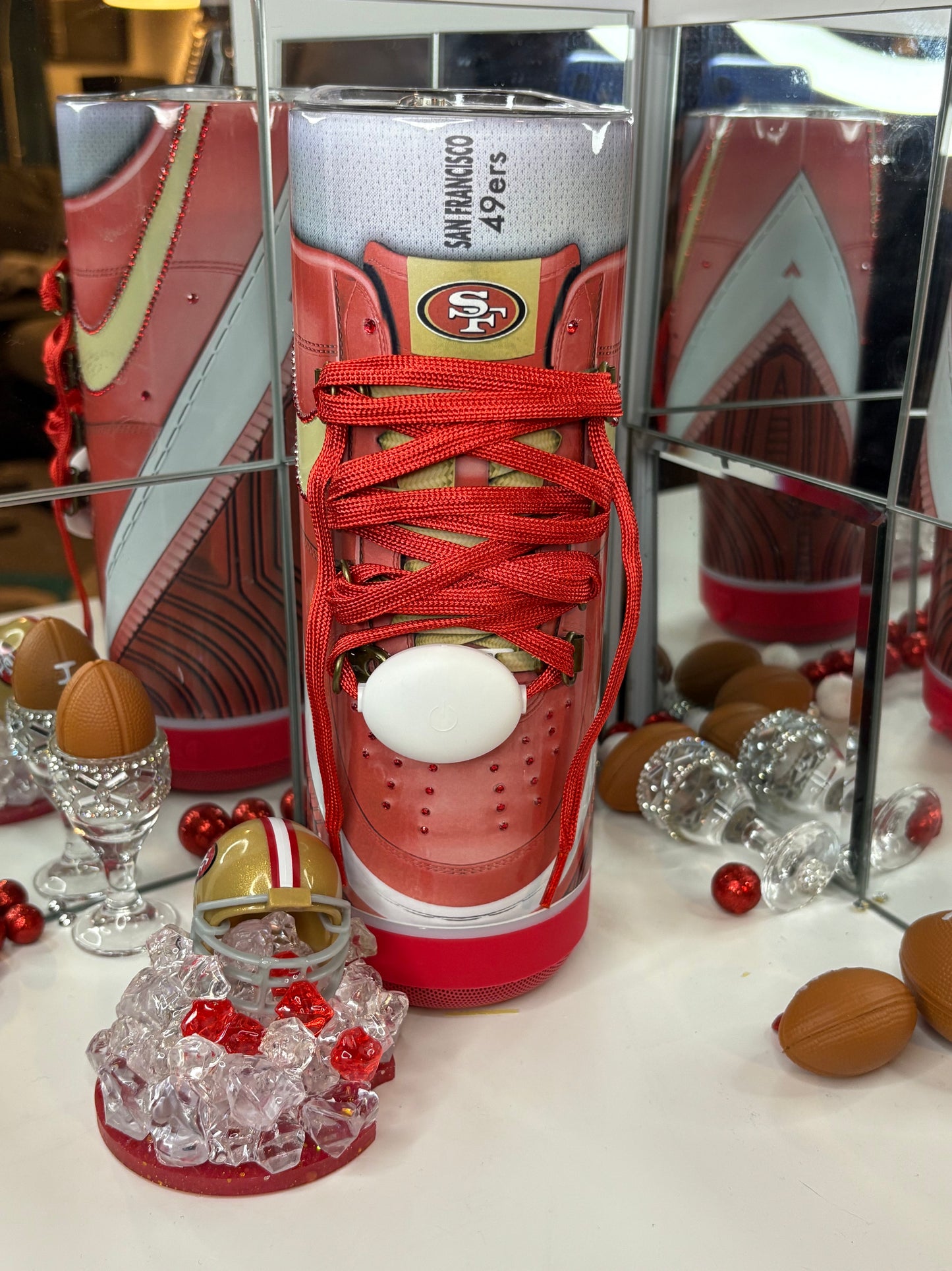 San Francisco 49ers Inspired 20oz Bluetooth Speaker Tumbler w/ Magnetic Mini Helmet Topper – Sneaker-Style Insulated Cup