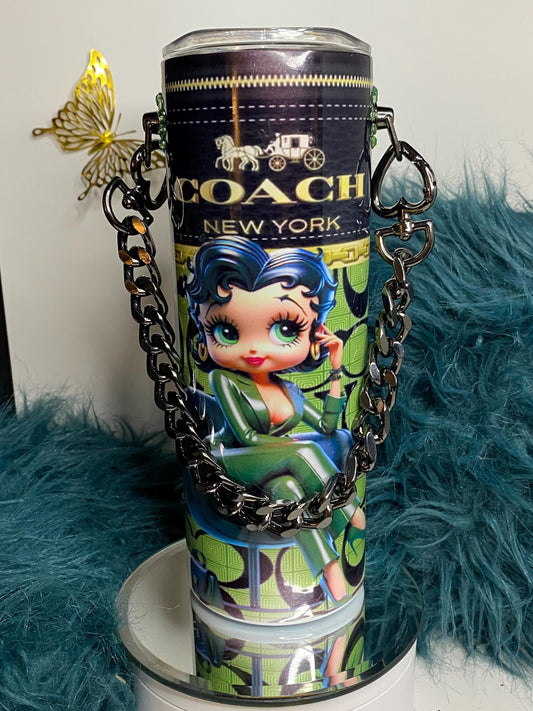 Betty Boop Designer Coach Tumbler Purse 20 oz w/ Detachable Link Chain in Green