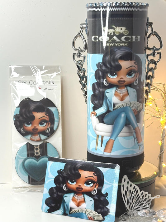 Betty Boop Designer Coach Bluetooth Tumbler Purse w/ Chain "Boss Babe Edition" Car Coaster/Refrigerator Magnet Option