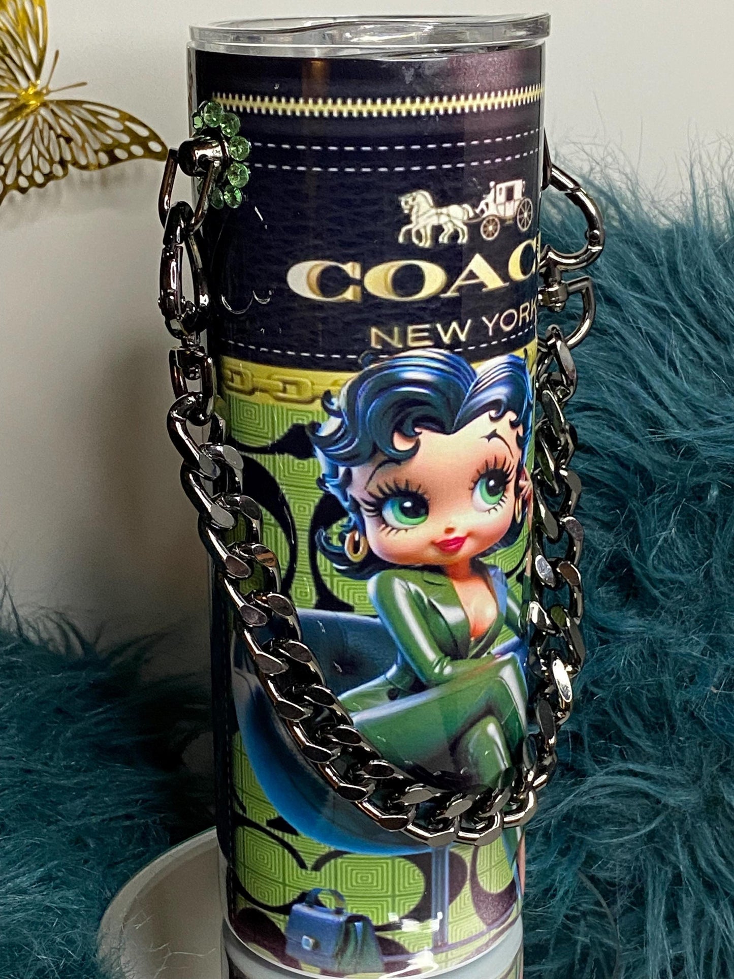 Betty Boop Designer Coach Tumbler Purse 20 oz w/ Detachable Link Chain in Green