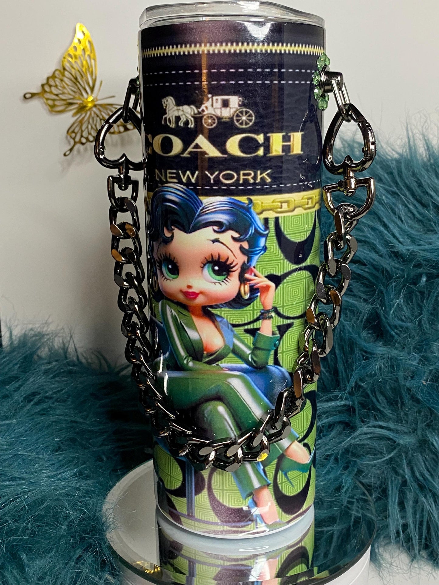 Betty Boop Designer Coach Tumbler Purse 20 oz w/ Detachable Link Chain in Green