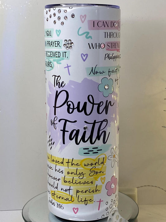 Bible Verse Tumbler Power of Faith Rhinestone Cup  Christian Scripture Gift Mark 1124, John 3:16 Romans 1017  20 oz Tumbler