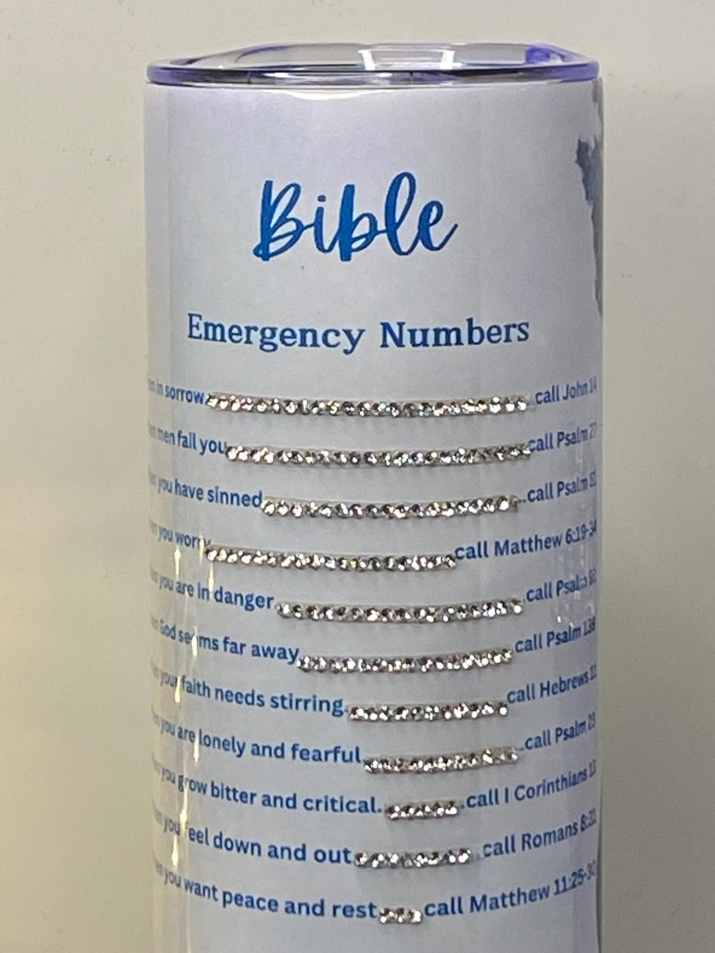 Faith Emergency Numbers Tumbler – Sparkle Blue Rhinestone Cup, Inspirational Gift for Women