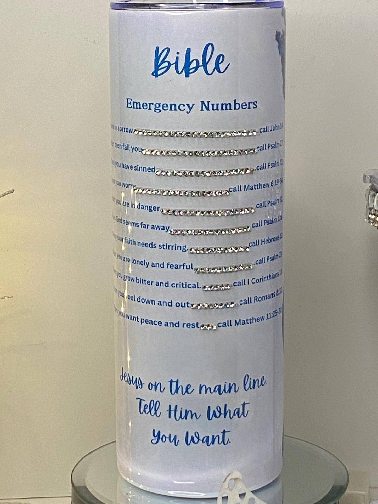 Faith Emergency Numbers Tumbler – Sparkle Blue Rhinestone Cup, Inspirational Gift for Women