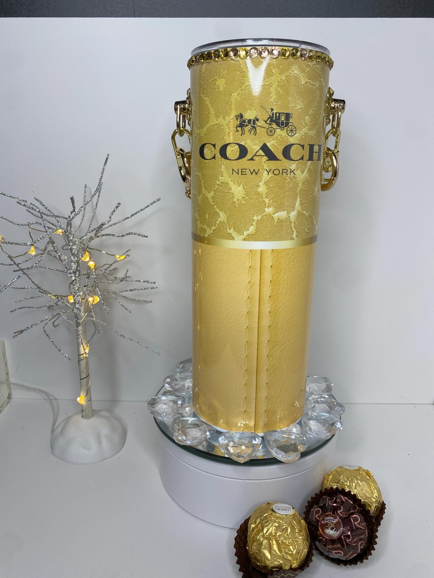 Designer Gold Coach Tumbler Purse 20 oz w/ Detachable Link Chain